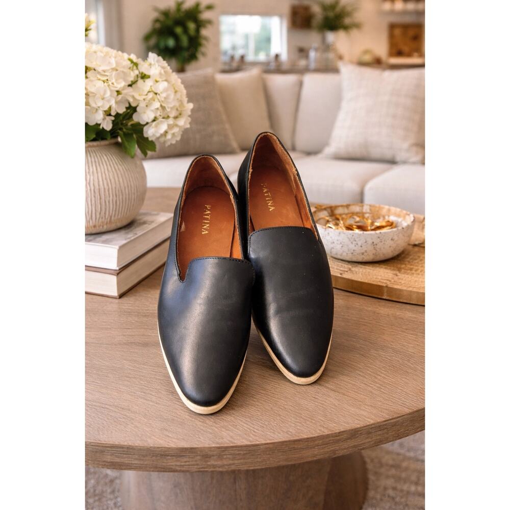 Patina Black Leather Loafers Size 8.5 New Slip On Stacked Heel NWOB Preppy